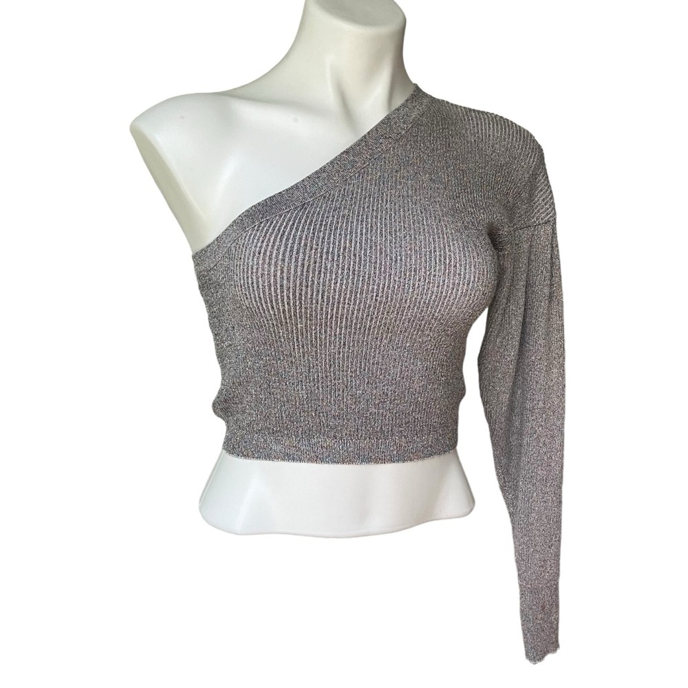 Mod On Trend Purple Shimmer Ribbed Knit Cropped One Shoulder Sweater, Sz L